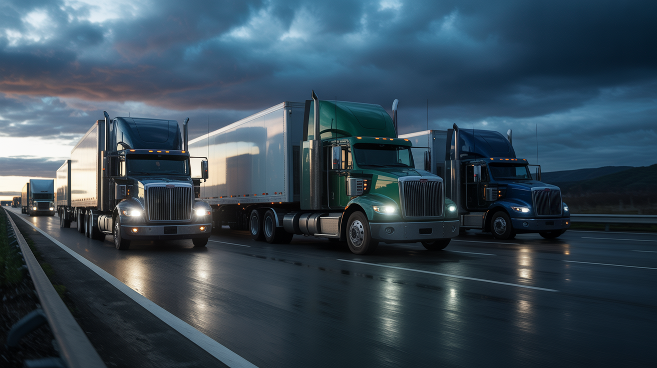 Fleet of trucks on highway representing battery distribution logistics